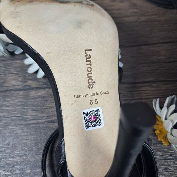 Larroudé Black Leather Floral Daisy Fiore Heel Sandals Women's Sz 6.5 (READ) - Picture 11 of 13